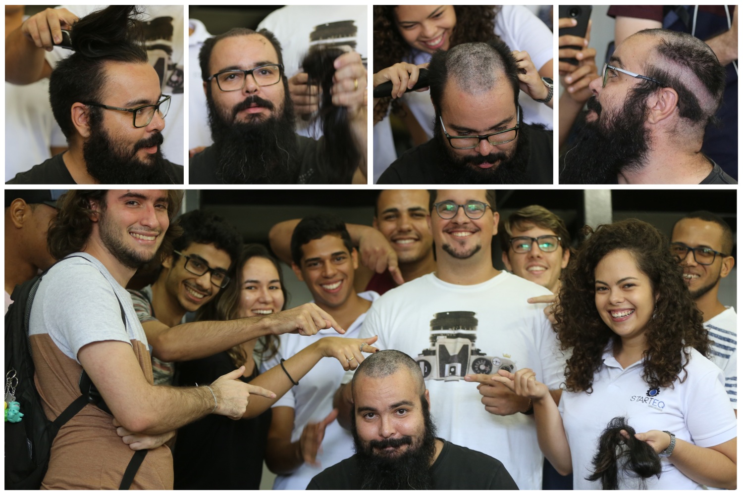 Promessa paga: o professor João Severo teve o cabelo cortado após seus alunos obterem bom desempenho no Enade. (Fotos: Paulo Marques/bolsista Ascom UFS) 